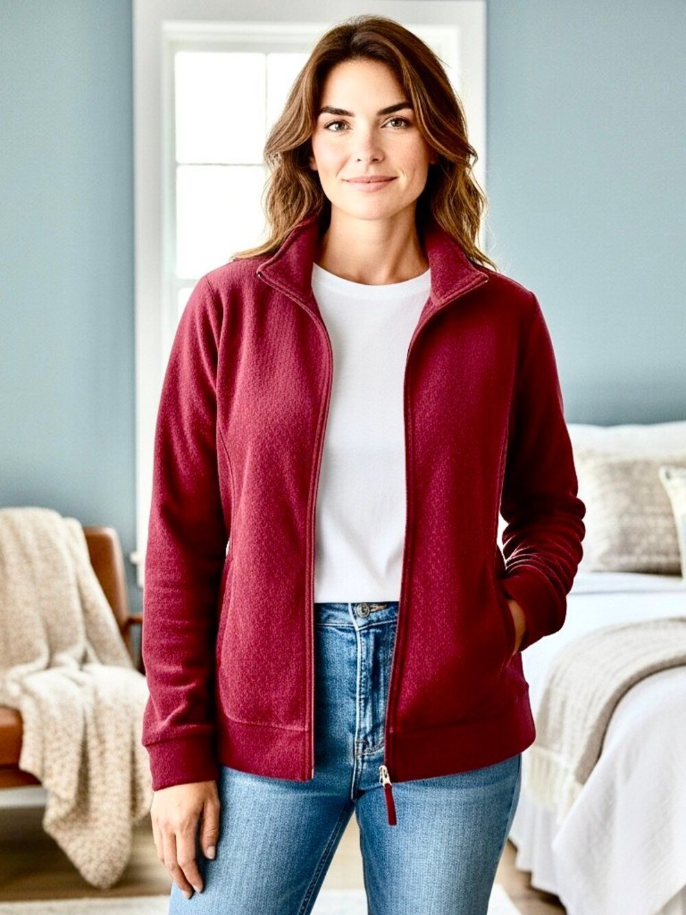 Croft & Barrow Red Sweater Full Zip Pockets Knit Pattern XL Petite